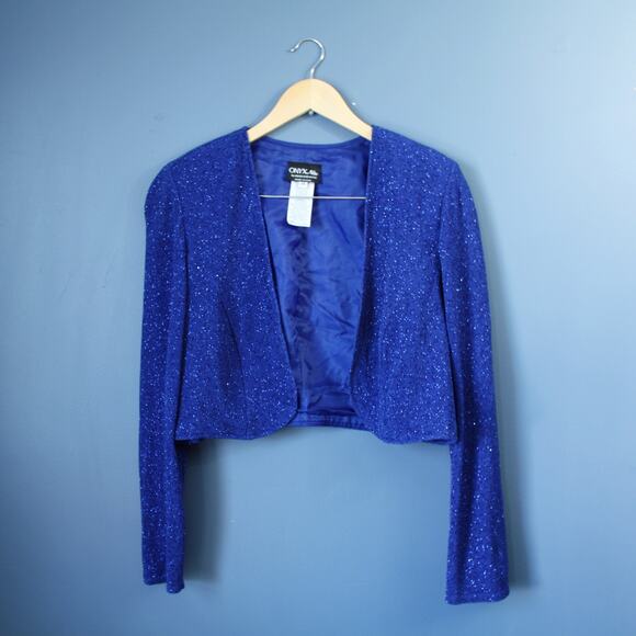 Vintage 80s Onyx Nite Lurex Bolero Jacket  Sapphire Blue Sparkle Knit | Size M - Picture 6 of 7